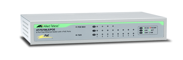 8-port 10/100TX Unmanaged PoE Switch ALLIED TELESIS AT-FS708LE/POE 