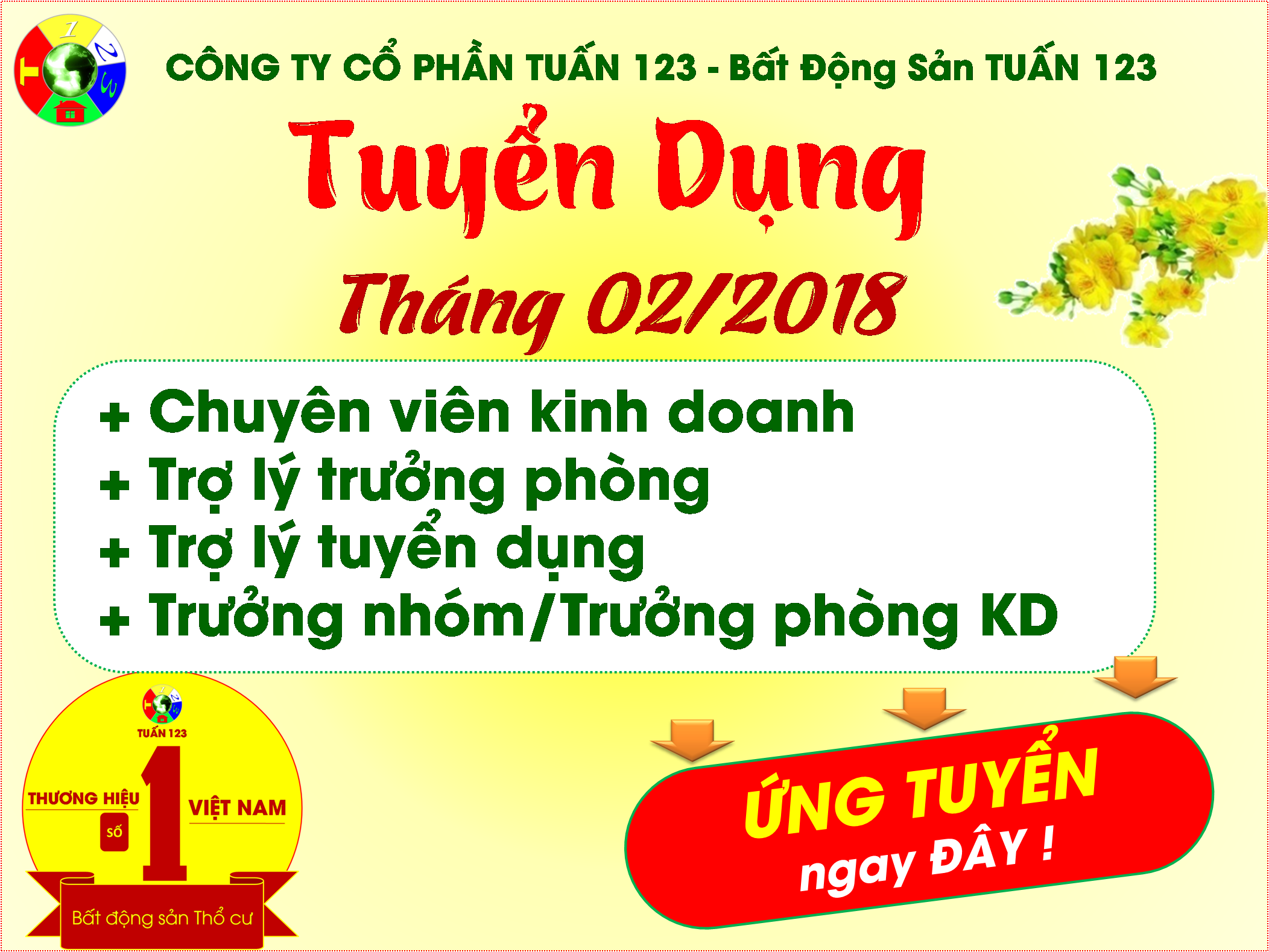 Bất động sản Tuấn 123 Tuyển dụng nhiều vị trí đi làm ngay sau Tết tại TP Hồ Chí Minh Bất động sản Tuấn 123 Tuyển dụng nhiều vị trí đi làm ngay sau Tết tại TP Hồ Chí Minh