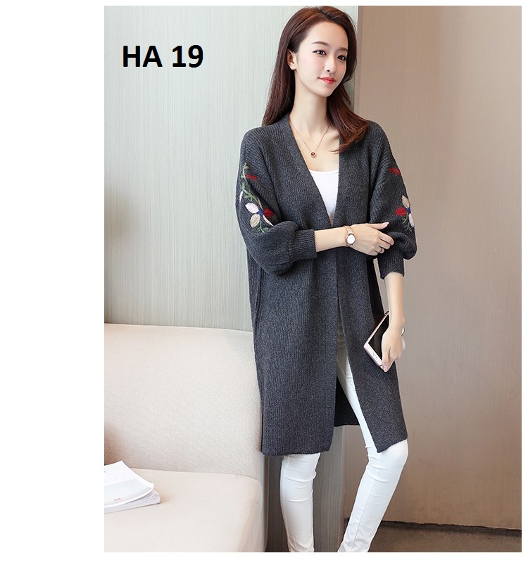 Áo len cardigan nữ dáng dài thêu hoa HA19