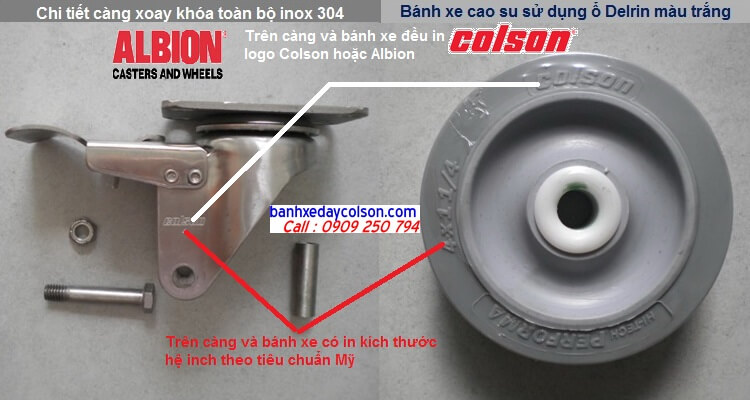 càng inox 304 có khóa bánh xe cao su Colson banhxedaycolson.com