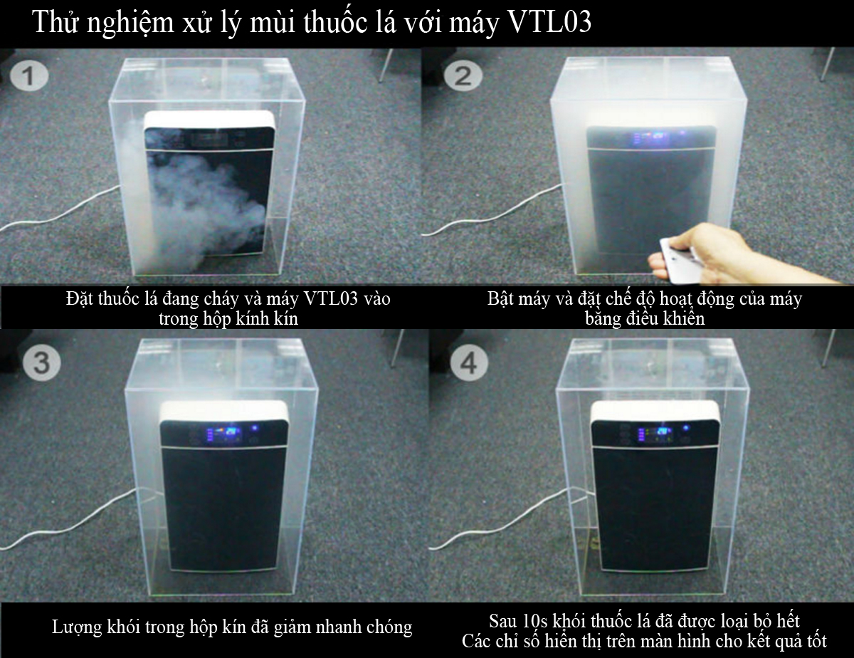 Thử nghiệm xử lý mùi thuốc lá với máy VTL03 Thử nghiệm xử lý mùi thuốc lá với máy VTL03